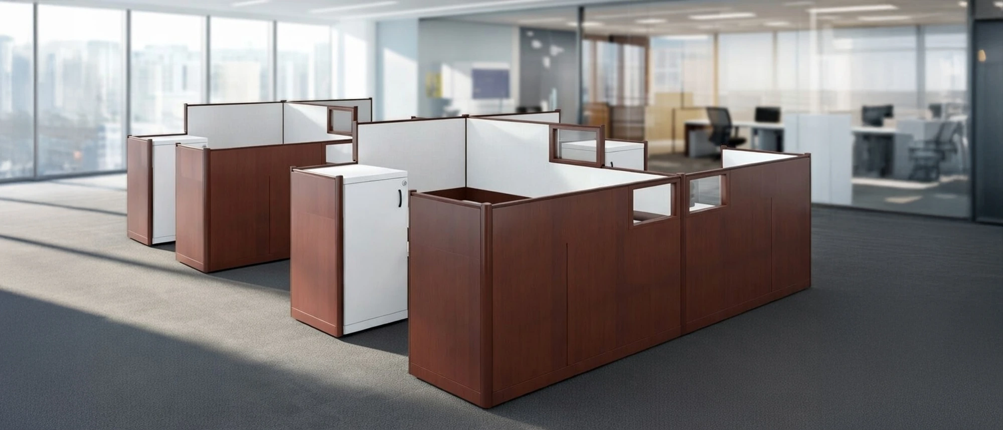 Modern office space with wooden cubicles and white storage units in an open-plan layout